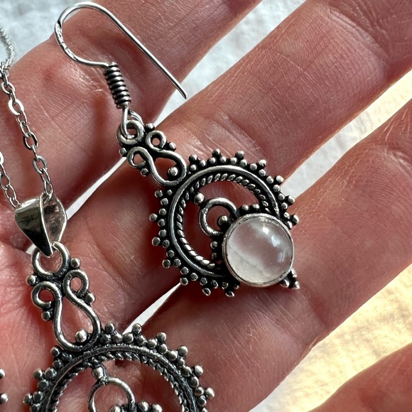 925 Ornamental Rose Quartz Earrings + Necklace SET - Picture 8 of 10